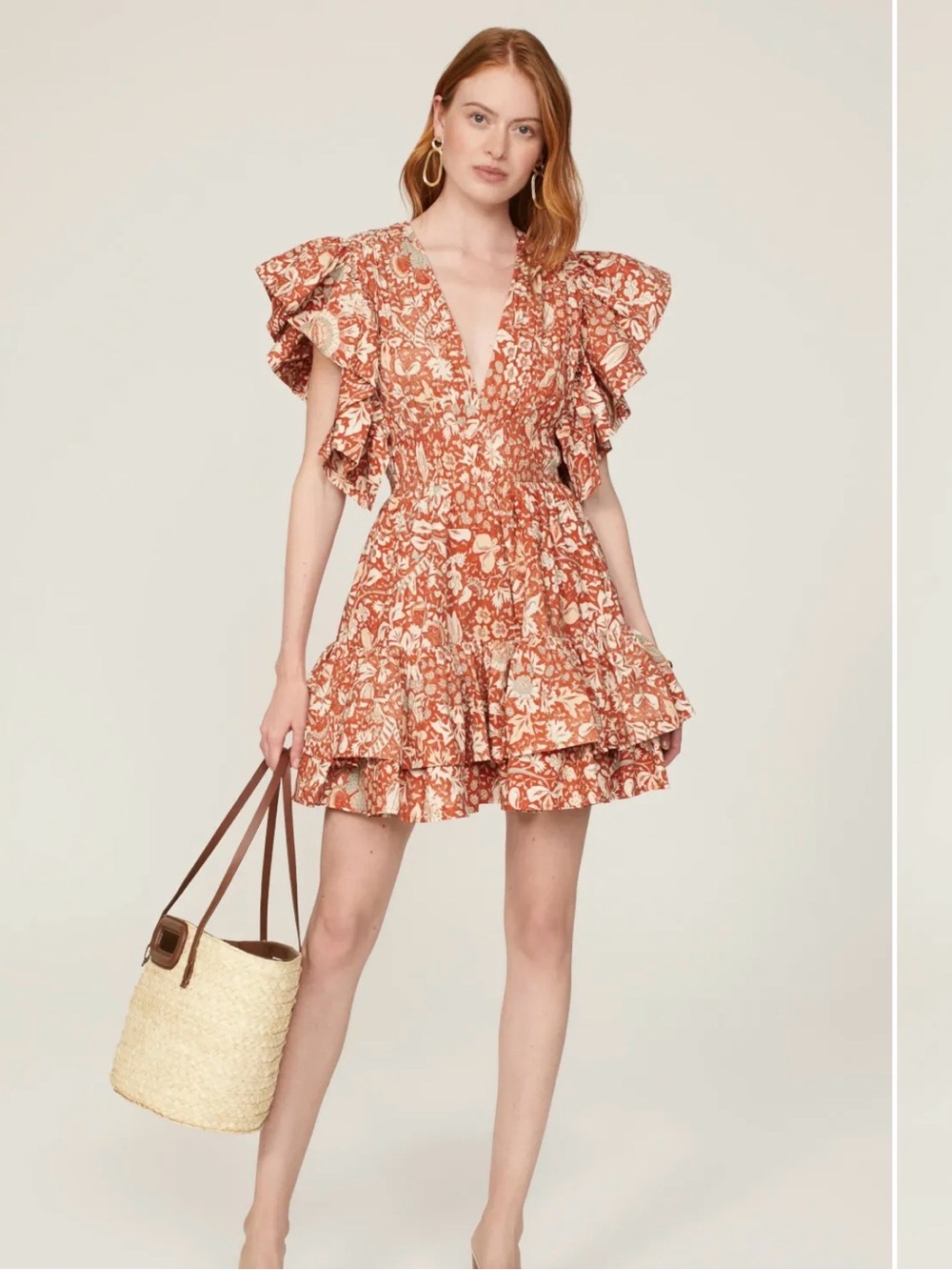 Ulla Johnson Rust Floral Ruffle Mini Dress